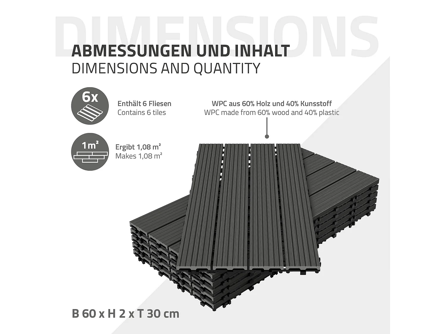 Baldosas de WPC para terrazas 60x30 cm - 30 piezas por 5m² ECD Germany