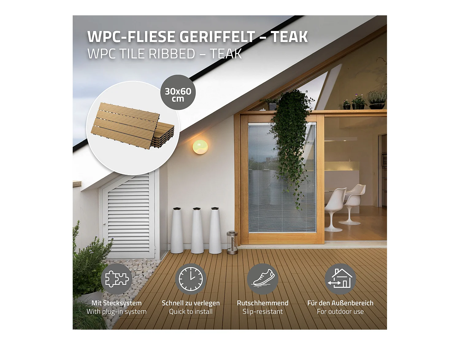 4x WPC decking tiles balcone piastrelle click legno 60x30cm ECD Germany