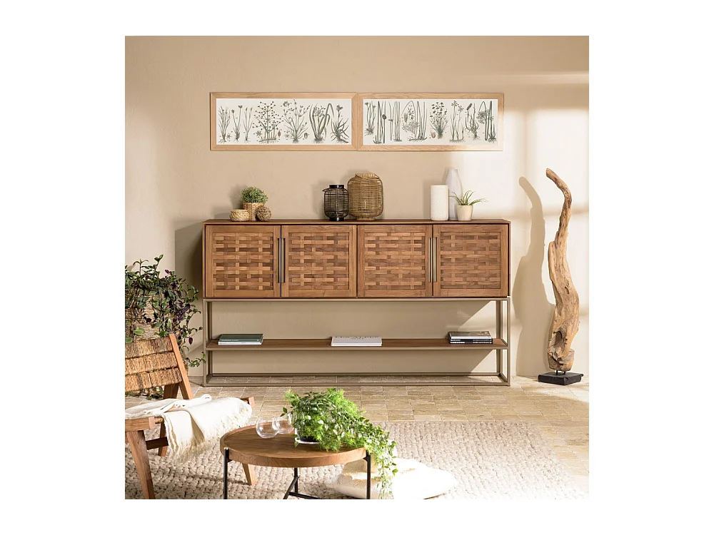 SIXTINE - Buffet en bois de teck recyclé 4 portes en tissage de bambou