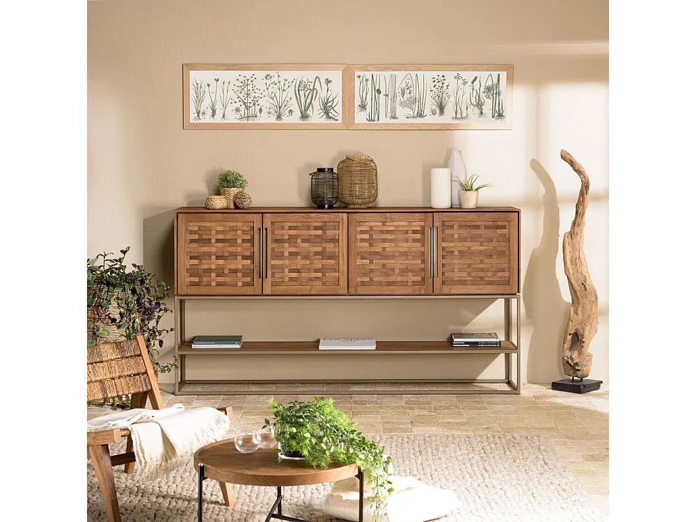 SIXTINE - Buffet en bois de teck recyclé 4 portes en tissage de bambou