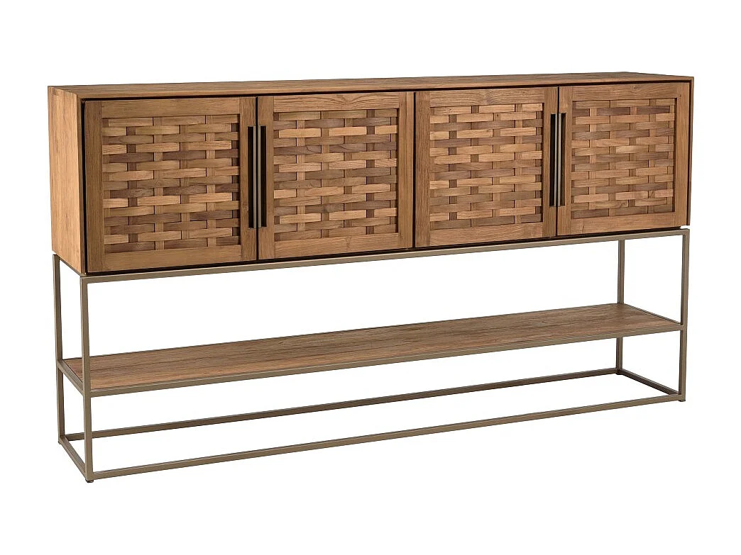 SIXTINE - Buffet en bois de teck recyclé 4 portes en tissage de bambou