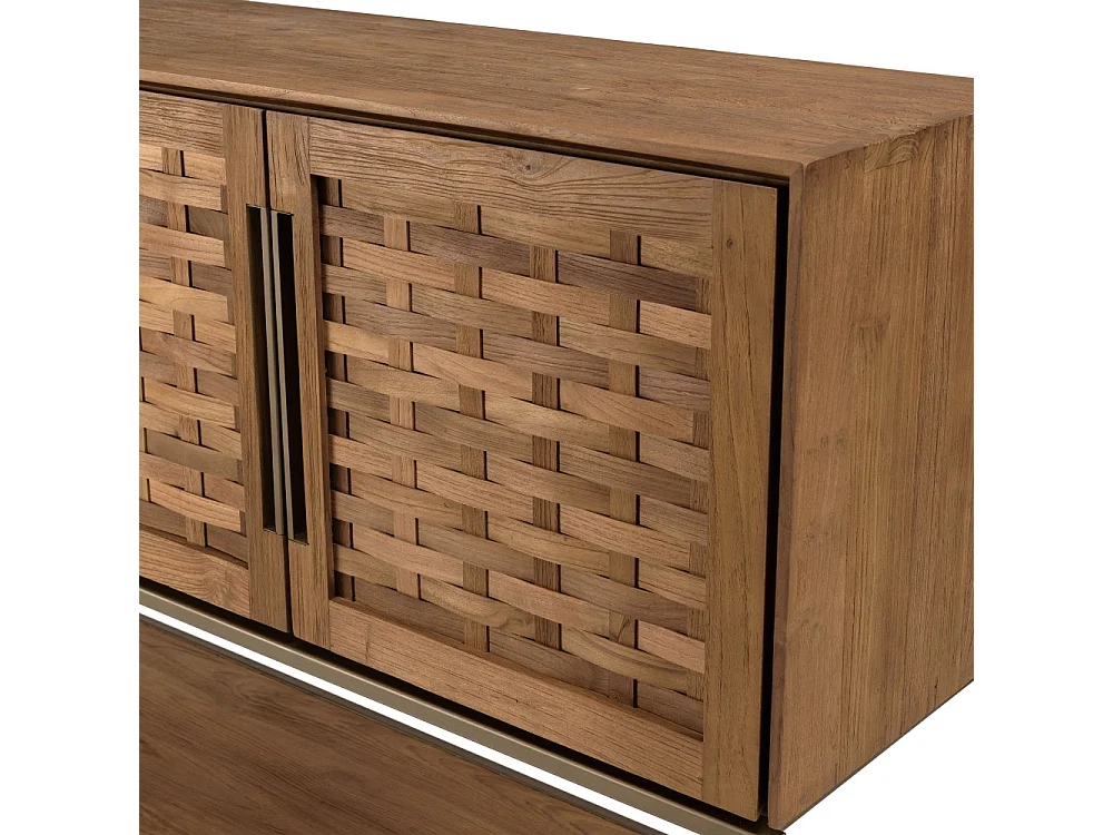 SIXTINE - Buffet en bois de teck recyclé 4 portes en tissage de bambou