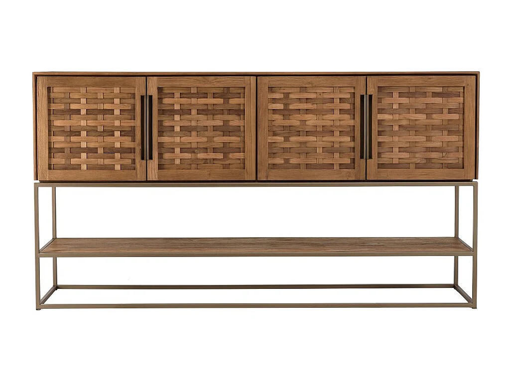 SIXTINE - Buffet en bois de teck recyclé 4 portes en tissage de bambou