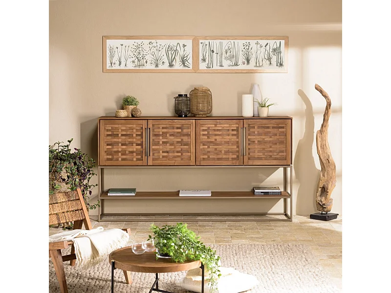 SIXTINE - Buffet en bois de teck recyclé 4 portes en tissage de bambou