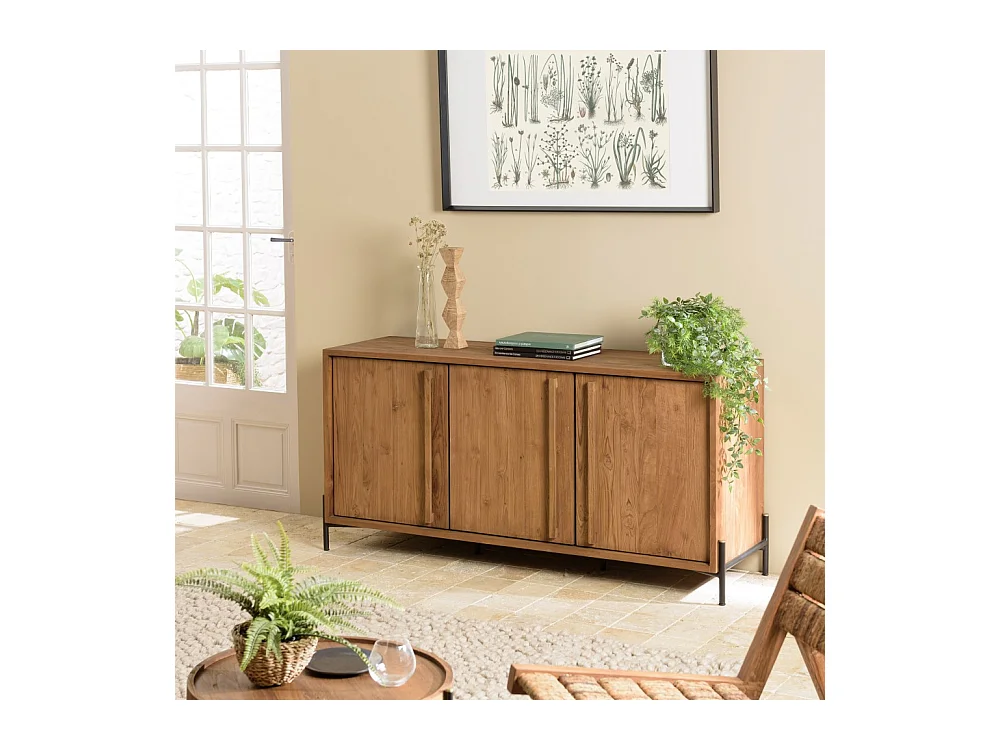 SIXTINE - Buffet 3 portes en bois de teck recyclé pieds en métal noir