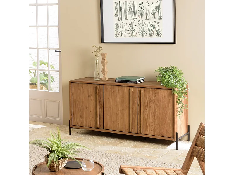 SIXTINE - Buffet 3 portes en bois de teck recyclé pieds en métal noir