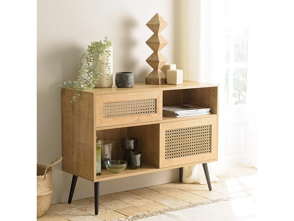 CHARLIE - Buffet bois bas 3 niches 2 portes effet cannage marron