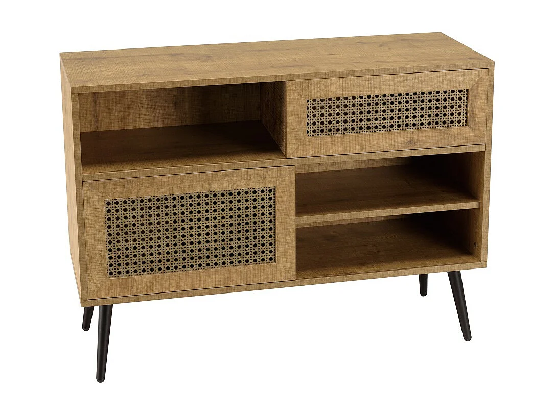 CHARLIE - Buffet bois bas 3 niches 2 portes effet cannage marron