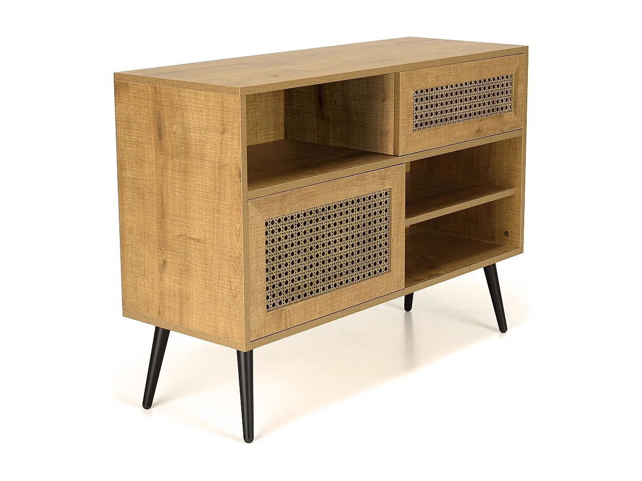 CHARLIE - Buffet bois bas 3 niches 2 portes effet cannage marron