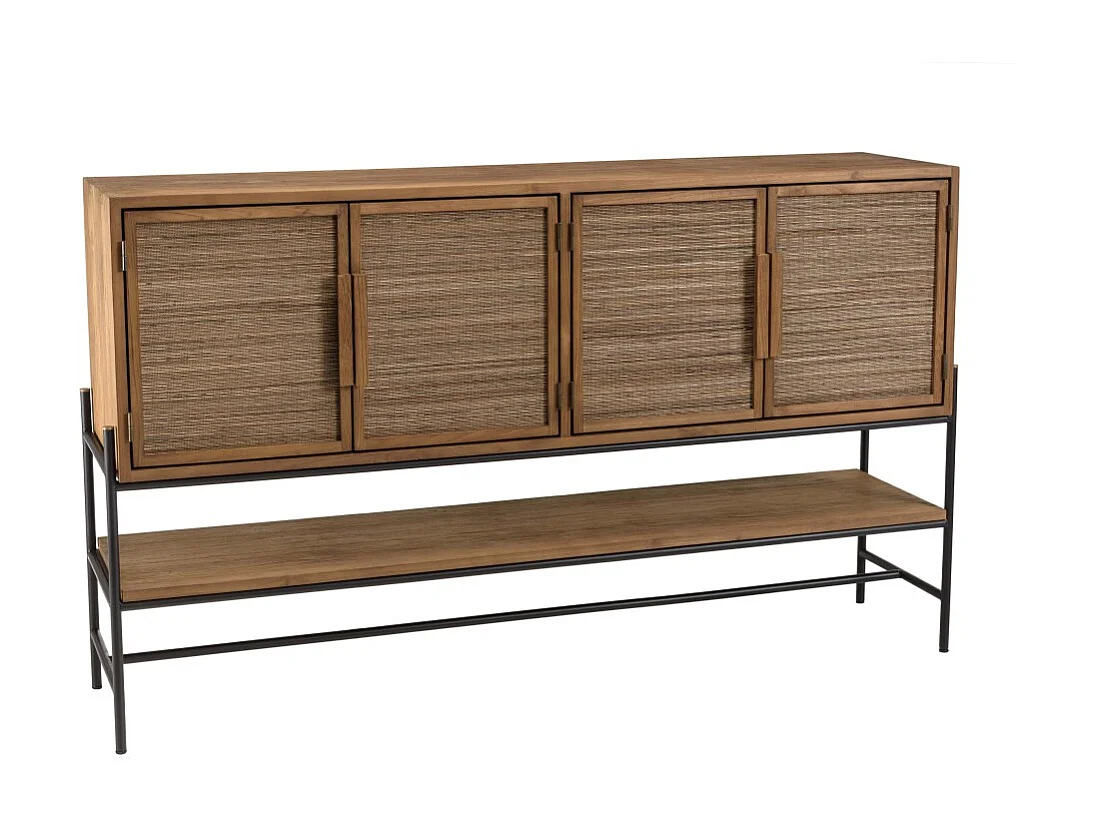 SIXTINE - Buffet 4 portes en bois de teck recyclé et rotin