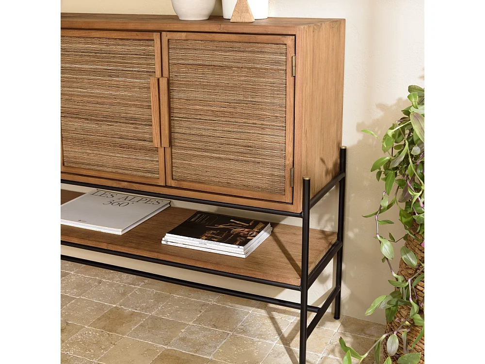 SIXTINE - Buffet 4 portes en bois de teck recyclé et rotin