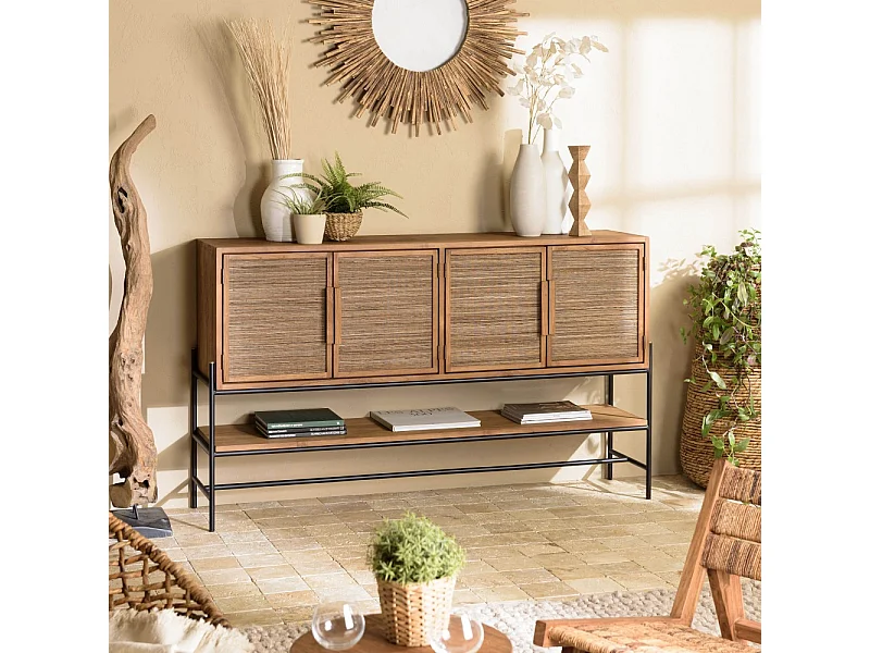 SIXTINE - Buffet 4 portes en bois de teck recyclé et rotin