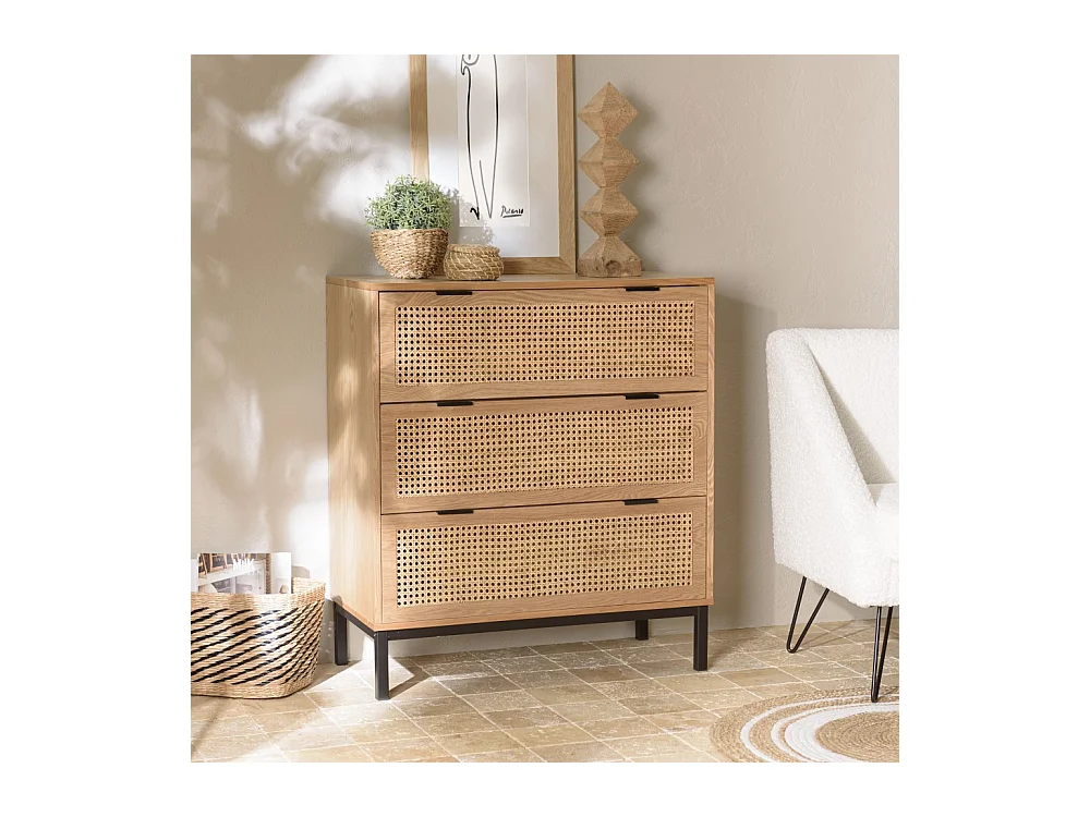 MARCEAU - Commode 3 tiroirs cannage naturel pieds métal noir