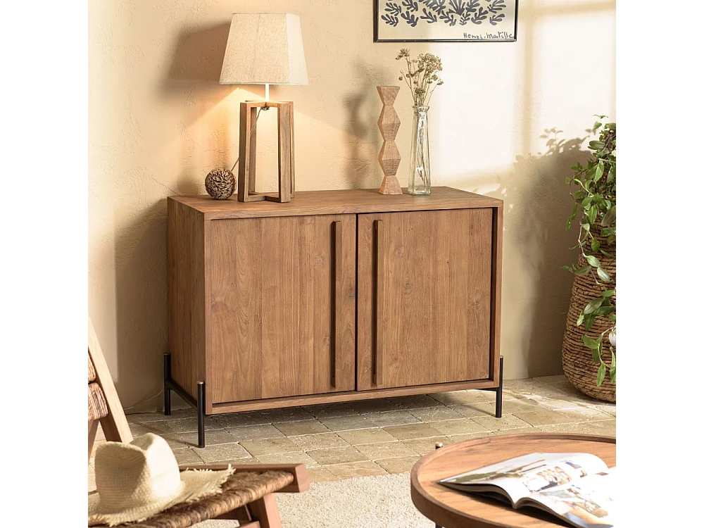SIXTINE - Buffet 2 portes en bois de teck recyclé pieds en métal noir