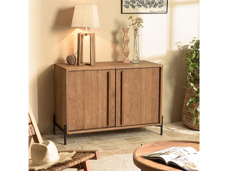 SIXTINE - Buffet 2 portes en bois de teck recyclé pieds en métal noir