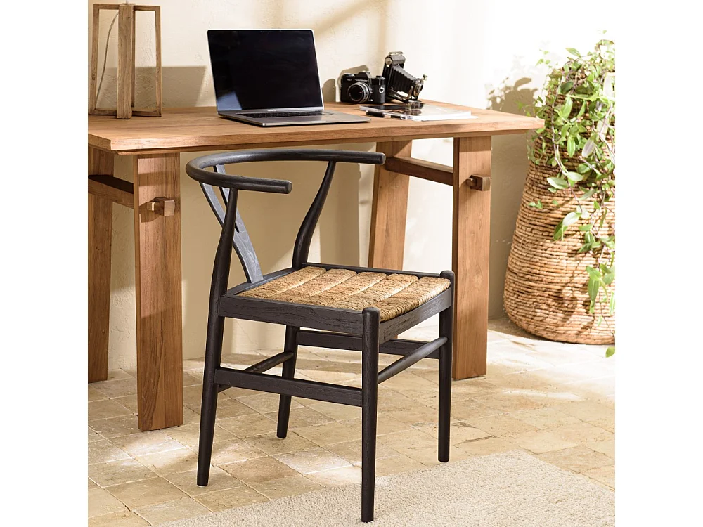 SIXTINE - Chaise bois de teck recyclé dossier arrondi et rotin noire