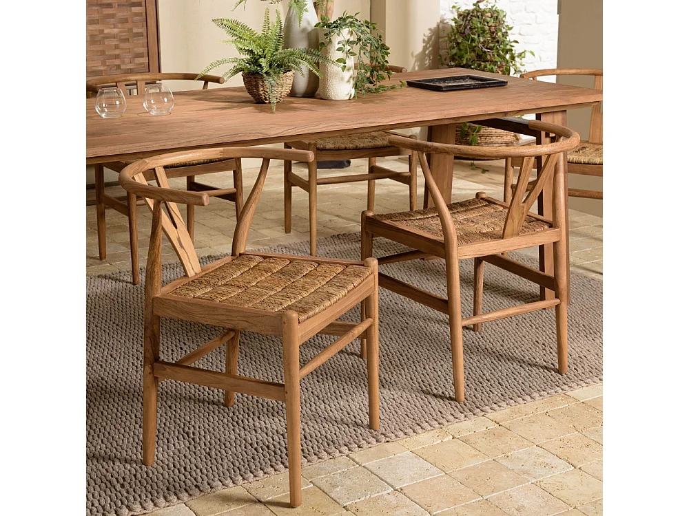 SIXTINE - Chaise bois de teck recyclé dossier arrondi et rotin marron