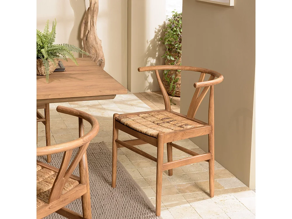 SIXTINE - Chaise bois de teck recyclé dossier arrondi et rotin marron