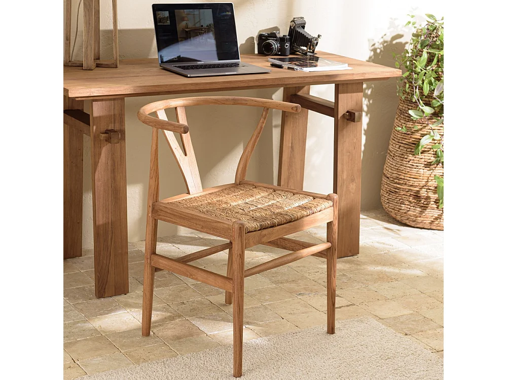 SIXTINE - Chaise bois de teck recyclé dossier arrondi et rotin marron