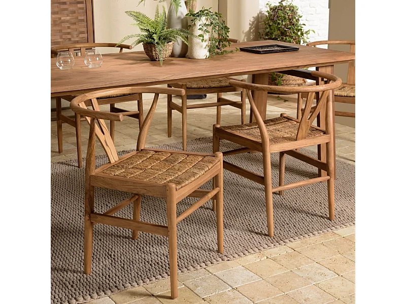 SIXTINE - Chaise bois de teck recyclé dossier arrondi et rotin marron