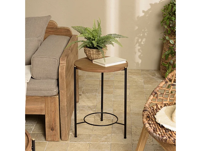 SIXTINE - Table d'appoint ronde bois teck recyclé 3 pieds noir