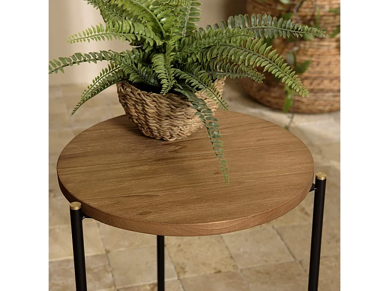 SIXTINE - Table d'appoint ronde bois teck recyclé 3 pieds noir