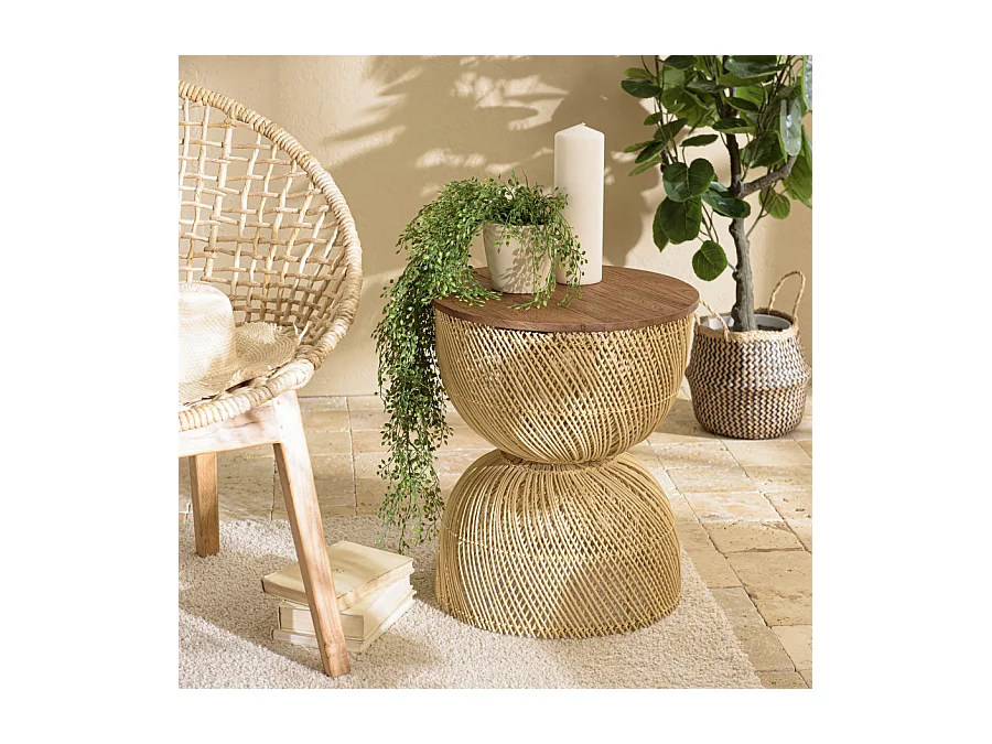SIXTINE - Table d'appoint en rotin beige plateau en bois teck recyclé