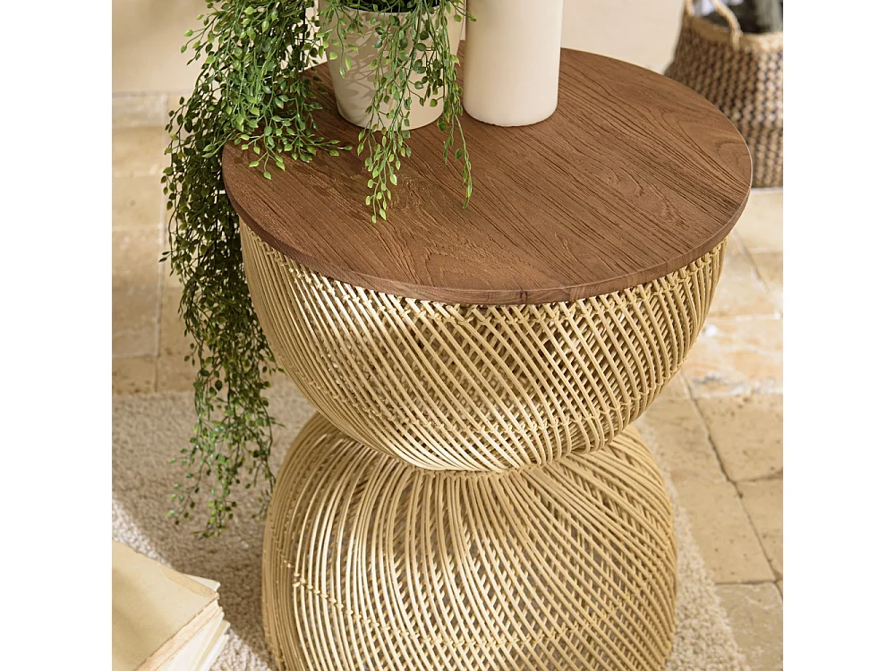 SIXTINE - Table d'appoint en rotin beige plateau en bois teck recyclé