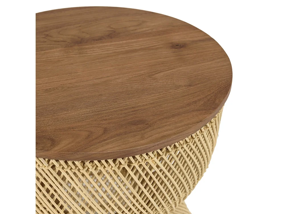 SIXTINE - Table d'appoint en rotin beige plateau en bois teck recyclé