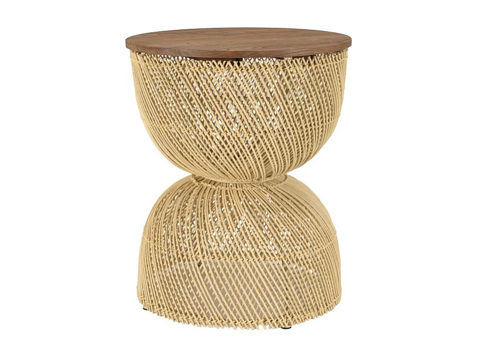 SIXTINE - Table d'appoint en rotin beige plateau en bois teck recyclé