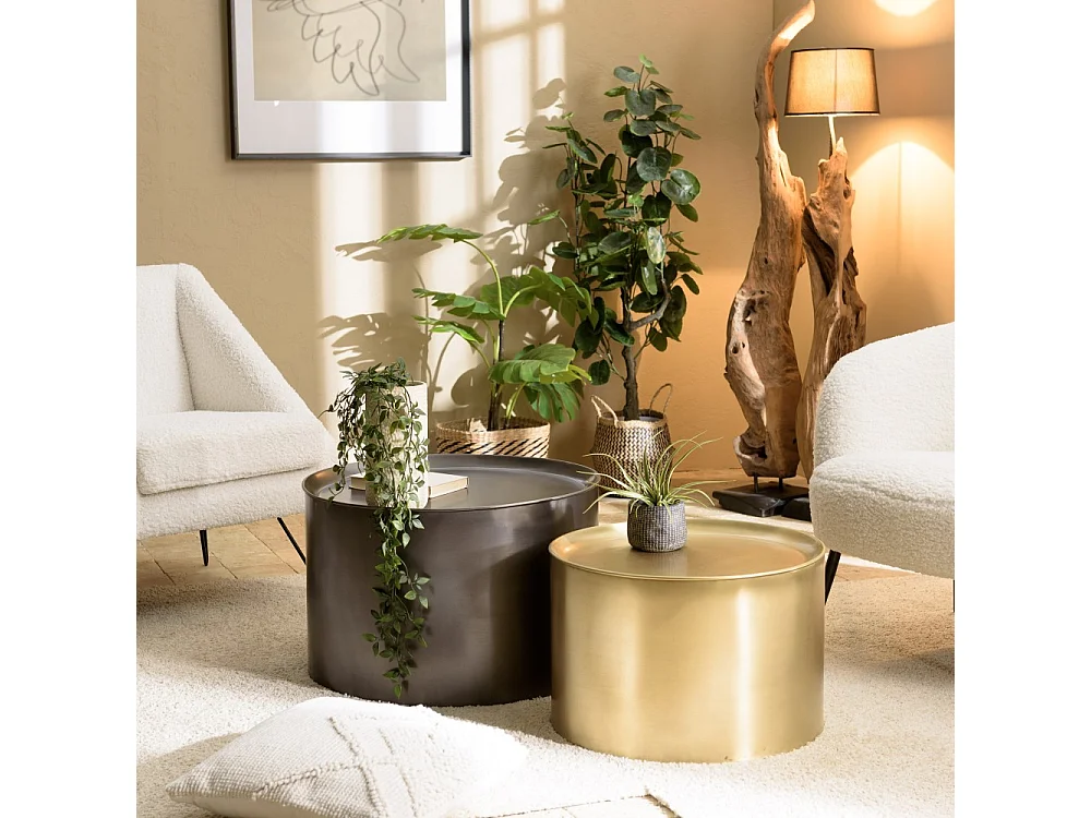 JOHAN - Set de 2 tables d'appoint rondes métal gris anthracite et doré