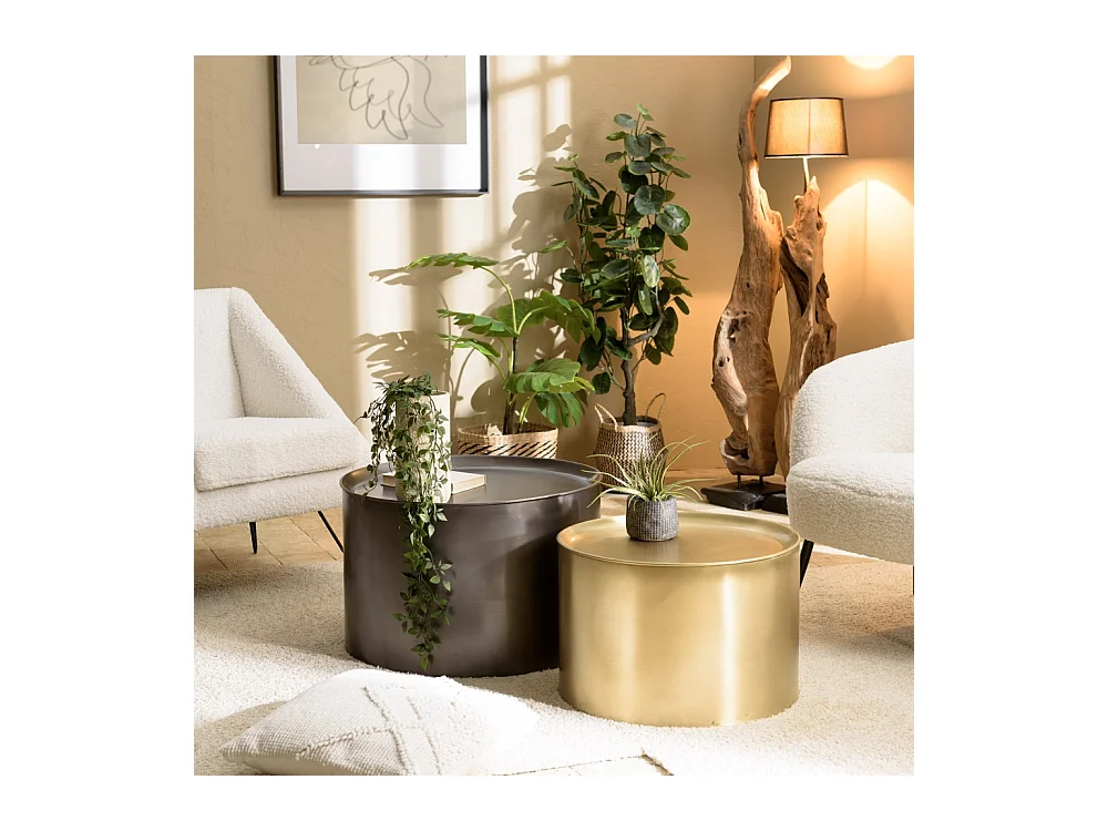 JOHAN - Set de 2 tables d'appoint rondes métal gris anthracite et doré