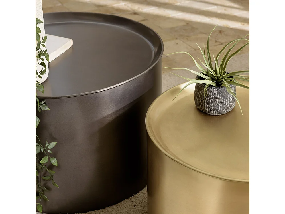 JOHAN - Set de 2 tables d'appoint rondes métal gris anthracite et doré