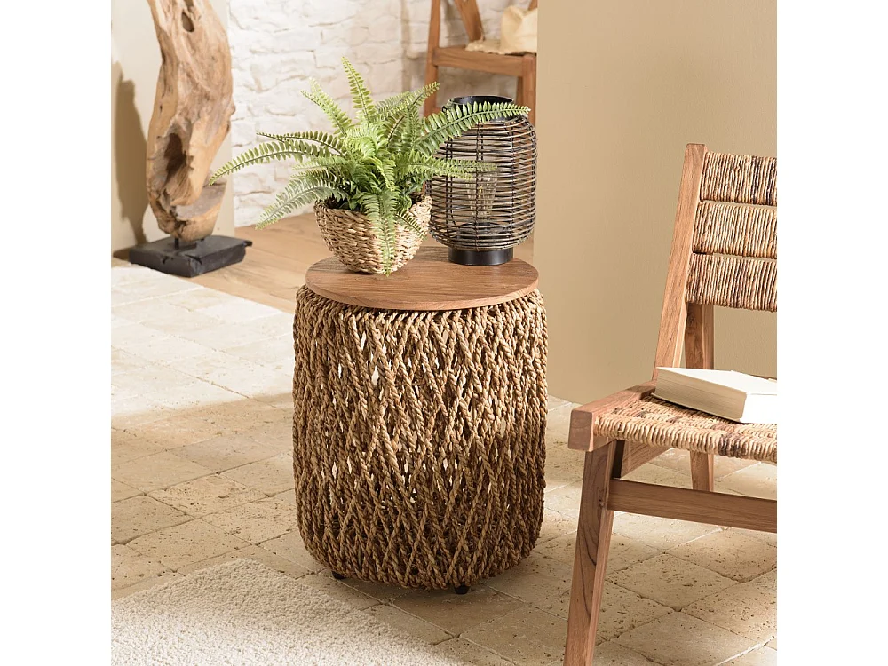 SIXTINE - Table d'appoint ronde diam40 rotin plateau bois teck recyclé
