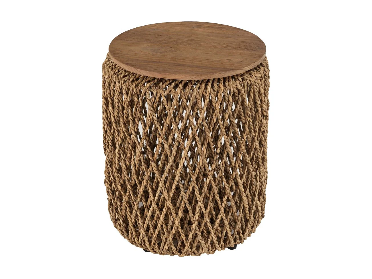 SIXTINE - Table d'appoint ronde diam40 rotin plateau bois teck recyclé