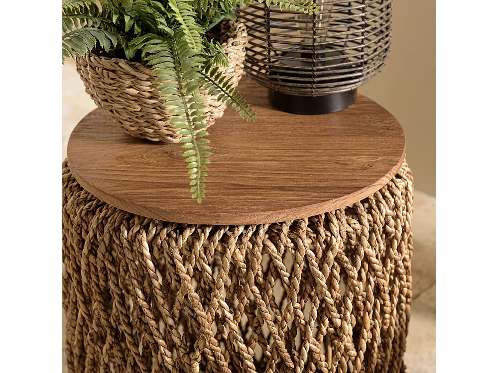 SIXTINE - Table d'appoint ronde diam40 rotin plateau bois teck recyclé