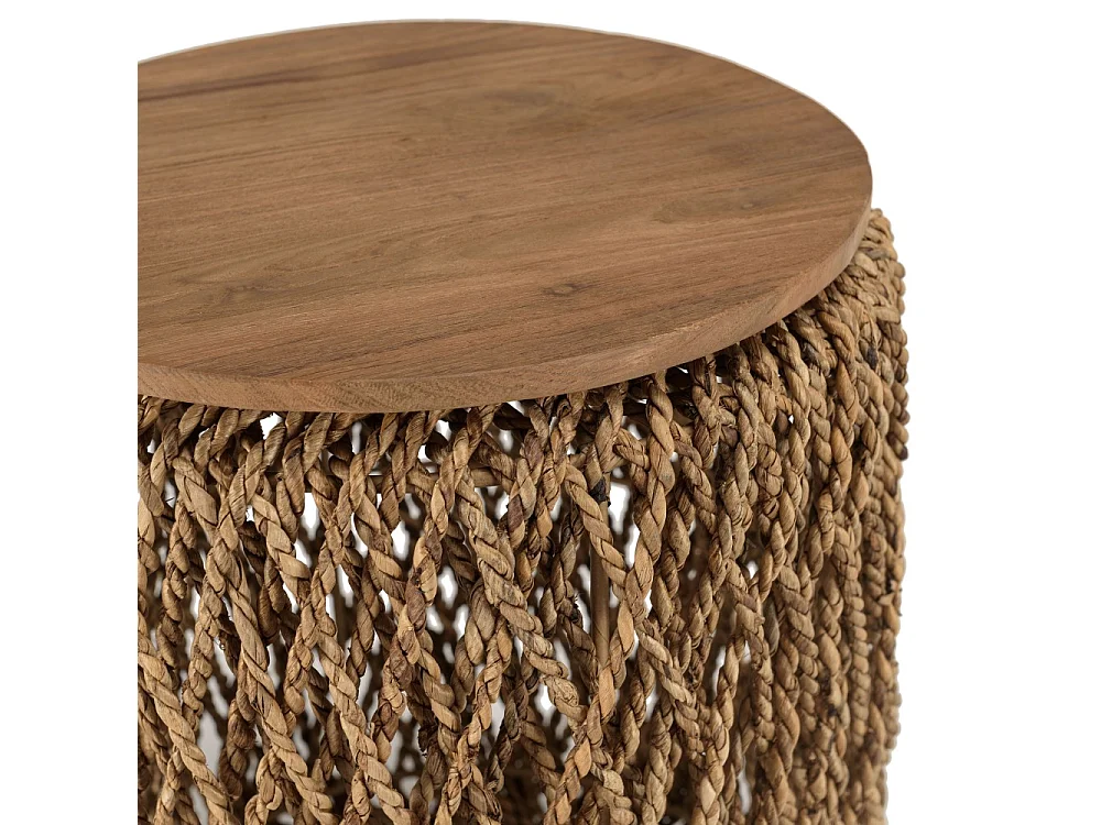 SIXTINE - Table d'appoint ronde diam40 rotin plateau bois teck recyclé