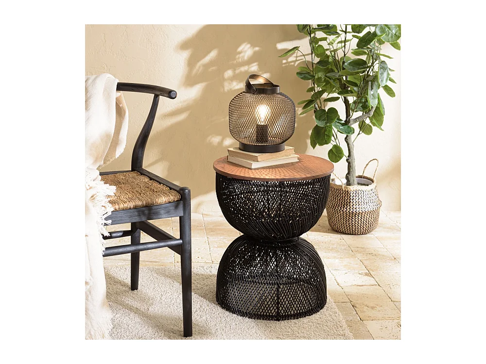 SIXTINE - Table d'appoint en rotin noir plateau en bois de teck recyclé