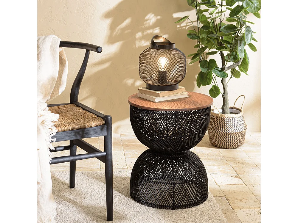 SIXTINE - Table d'appoint en rotin noir plateau bois de teck recyclé