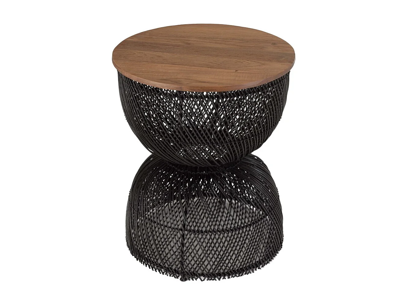 SIXTINE - Table d'appoint en rotin noir plateau bois de teck recyclé
