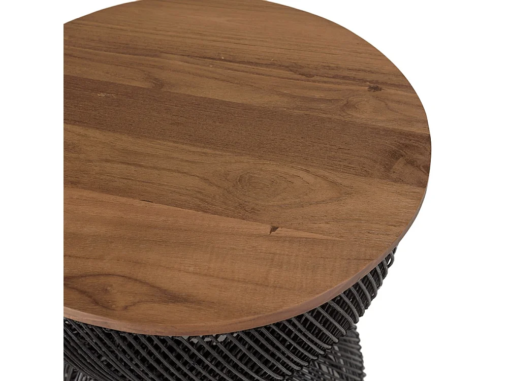 SIXTINE - Table d'appoint en rotin noir plateau bois de teck recyclé