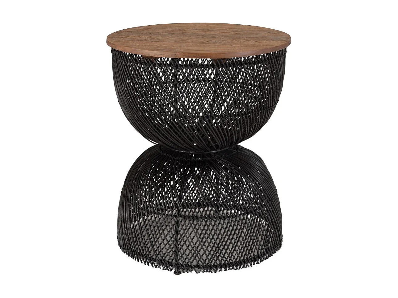 SIXTINE - Table d'appoint en rotin noir plateau bois de teck recyclé