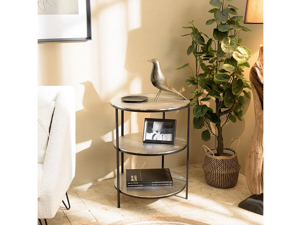 JOHAN - Table d'appoint ronde 3 niveaux aluminium argenté et noir pieds métal