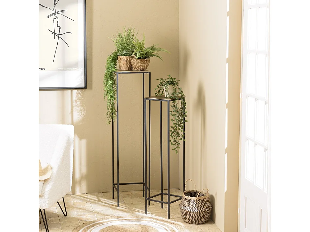 JOHAN - Set de 2 tables gigognes carrées aluminium doré et noir pieds méta