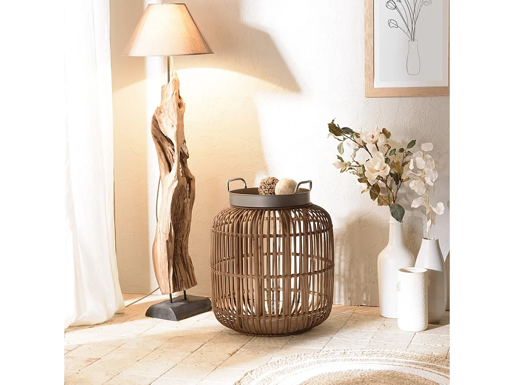 VICTOIRE - Table d'appoint poignées 51x51cm piètement en rotin marron