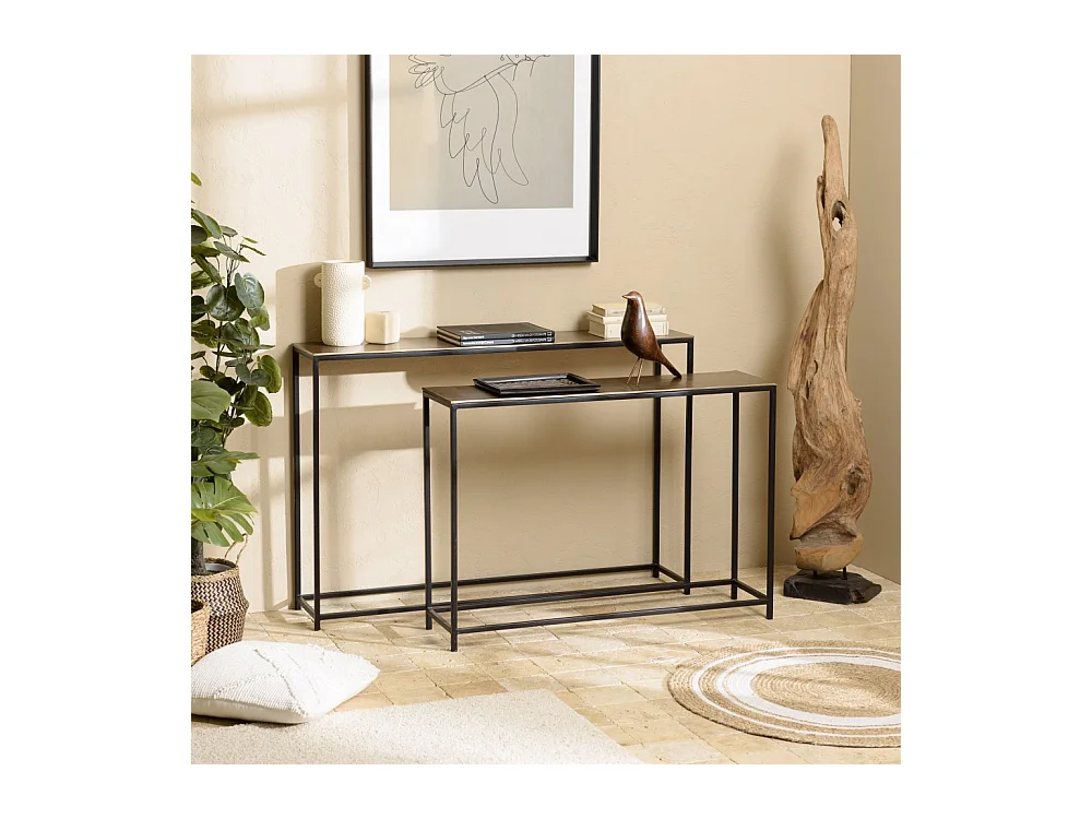 JOHAN - Set de 2 consoles gigognes aluminium doré et noir pieds métal