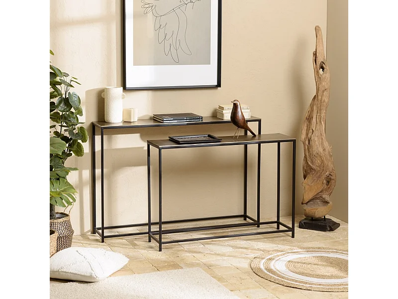 JOHAN - Set de 2 consoles gigognes aluminium doré et noir pieds métal