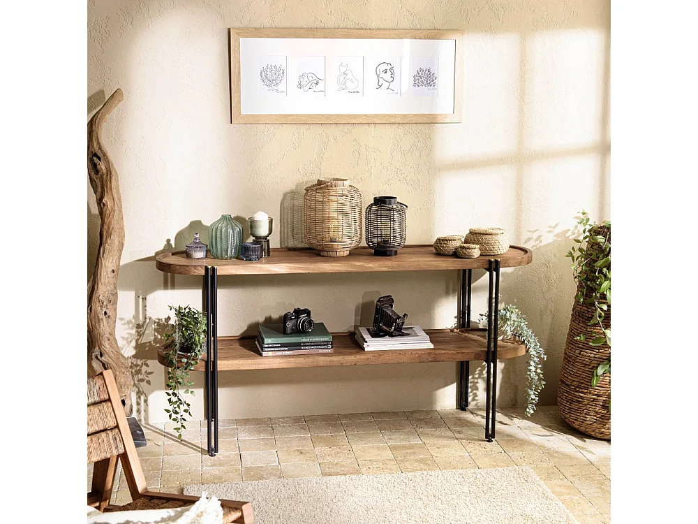 SIXTINE - Console double plateau arrondi en bois de teck recyclé