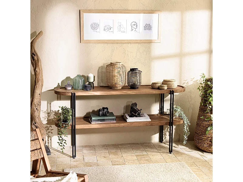 SIXTINE - Console double plateau arrondi en bois de teck recyclé