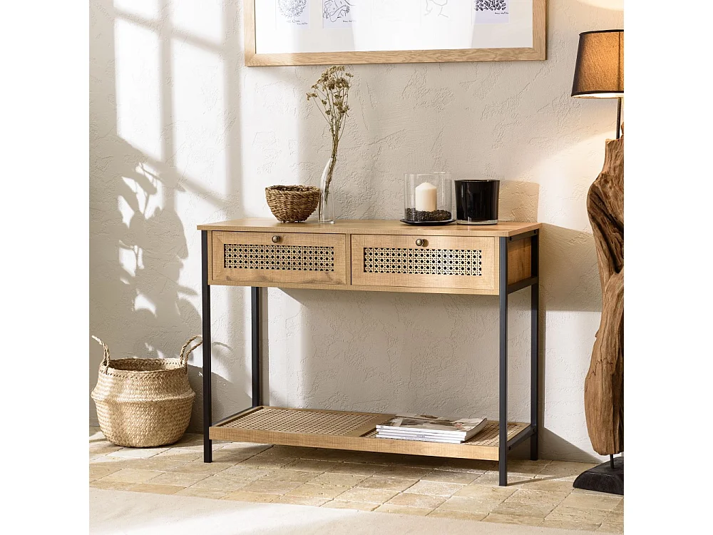 CHARLIE - Console bois marron 2 tiroirs 1 étagère cannage pieds métal